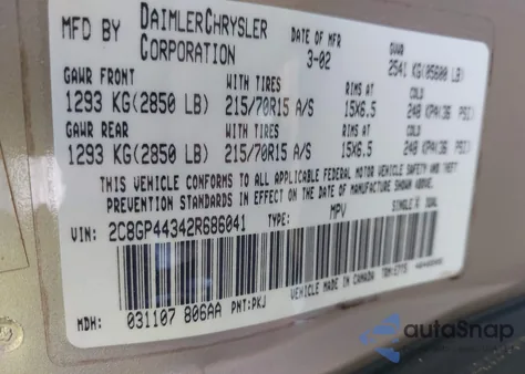 2002 Chrysler Town & Country Lx из США, поврежденный, VIN 2C8GP44342R686041